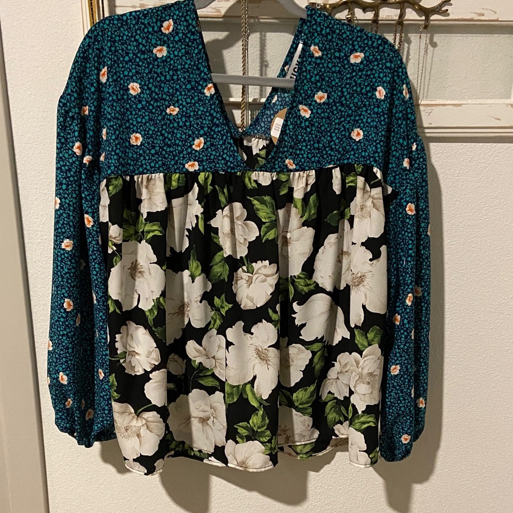 BUCKETLIST Floral Blouse - Teal and Black